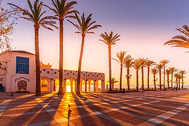 View of Plaza Balcon De Europa at sunrise in Nerja, Costa del Sol, Malaga Province, Andalusia, Spain, Europe