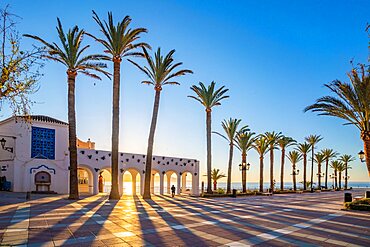 View of Plaza Balcon De Europa at sunrise in Nerja, Costa del Sol, Malaga Province, Andalusia, Spain, Europe