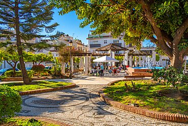 Cafe and fountain in Plaza Cantarero, Nerja, Malaga Province, Andalucia, Spain, Europe