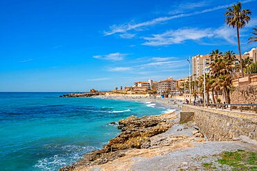 View of beach, hotels and coast at Nerja, Nerja, Malaga Province, Andalucia, Spain, Europe