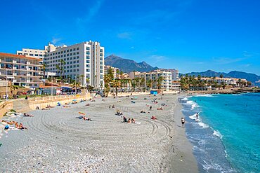 View of beach, hotels and coast at Nerja, Nerja, Malaga Province, Andalucia, Spain, Europe