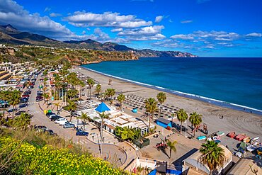 View of Playa de Burriana Beach and Mediterranean Sea, Nerja, Costa del Sol, Malaga Province, Andalusia, Spain, Europe