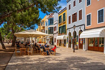 View of cafes in Placa de Senplaxada, Ciutadella, Memorca, Balearic Islands, Spain, Europe