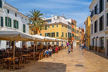 View of restaurant and cafe in little square in historic centre, Ciutadella, Memorca, Balearic Islands, Spain, Europe