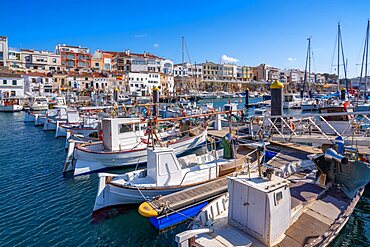 View of boats in marina overlooed by white waashed housses, Ciutadella, Memorca, Balearic Islands, Spain, Europe