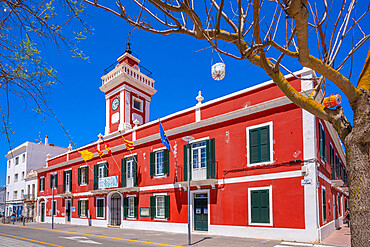 View of colourful archiecture in Placa de S'Esplanada against blue sky, Cales Fonts, Menorca, Balearic Islands, Spain, Mediterranean, Europe