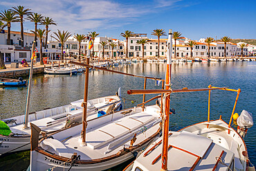 View of boats and palm trees in the marina and houses in Fornelles, Fornelles, Menorca, Balearic Islands, Spain, Mediterranean, Europe