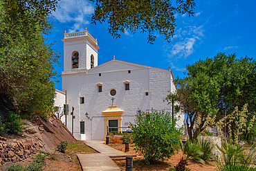 View of Sant Marti del Mercadal church against blue sky in Es Mercadal, Menorca, Balearic Islands, Spain, Mediterranean, Europe