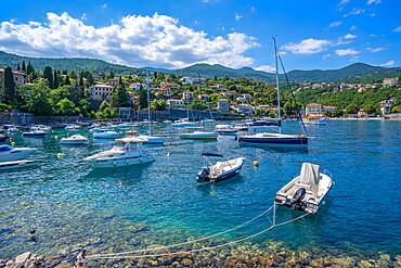 View of boats in the harbour at Ika, Ika, Kvarner Bay, Eastern Istria, Croatia, Europe