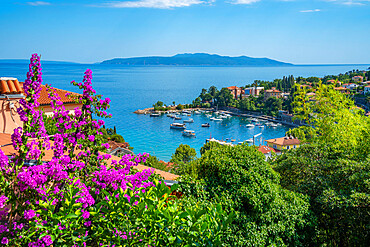 View of the harbour and rooftops at Ika from elevated position, Ika, Kvarner Bay, Eastern Istria, Croatia, Europe