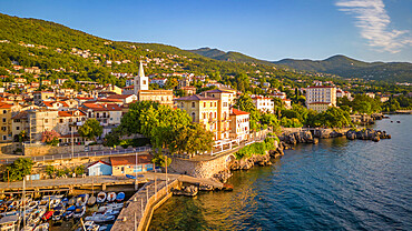 Aerial view of St. George's Church and Lovran at daybreak, Lovran, Kvarner Bay, Eastern Istria, Croatia, Europe