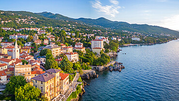 Aerial view of St. George's Church and Lovran at daybreak, Lovran, Kvarner Bay, Eastern Istria, Croatia, Europe