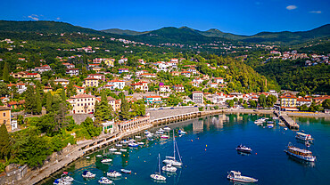 Aerial view of boats in the harbour at Ika, Ika, Kvarner Bay, Eastern Istria, Croatia, Europe