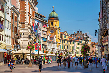 View of baroque style City Clock Tower and shops on the Korzo, Rijeka, Kvarner Bay, Croatia, Europe