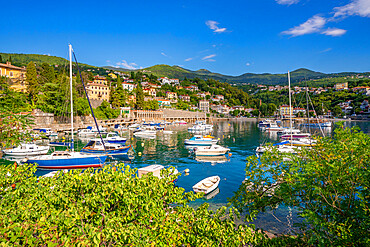 View of boats in the bay at Ika, Kvarner Bay, Eastern Istria, Croatia, Europe