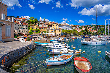 View of hotels and church overlooking marina at Volosko, Kvarner Bay, Eastern Istria, Croatia, Europe