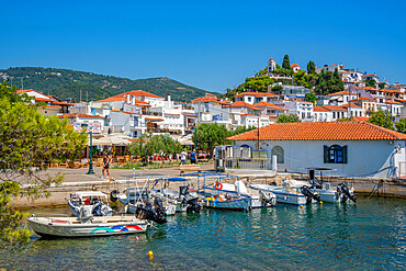 View of Skiathos Town overlooked by Greek Orthodox Church, Skiathos Island, Sporades Islands, Greek Islands, Greece, Europe