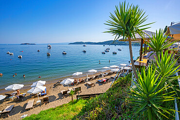 View of Paralia Megali Ammos in Skiathos Town, Skiathos Island, Sporades Islands, Greek Islands, Greece, Europe