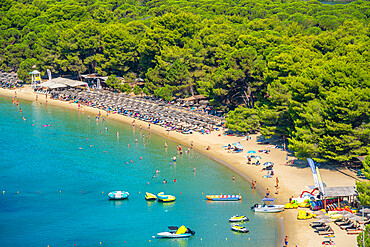 Aerial view of Koukounaries Beach, Skiathos Town, Skiathos Island, Sporades Islands, Greek Islands, Greece, Europe