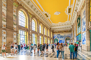 View of ornate interior of the Arrivals Hall at Sao Bento Railway Station in Porto, Porto, Norte, Portugal, Europe