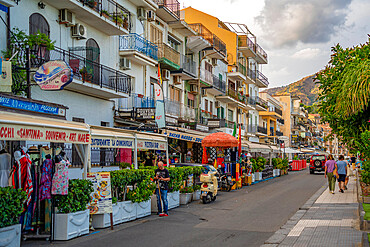 View of restaurants and cafes in Giardini-Naxos, Province of Messina, Sicily, Italy, Mediterranean, Europe