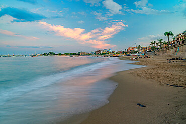 View of Giardini-Naxos beach and Giardini-Naxos Bay at sunset, Province of Messina, Sicily, Italy, Mediterranean, Europe