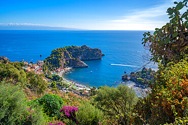 View from Taormina lookout down to Mazzaro and Ionian Sea, Taormina, Sicily, Italy, Mediterranean, Europe