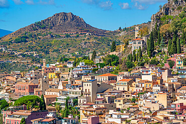 View of Taormina from the Greek Theatre, Taormina, Sicily, Italy, Mediterranean, Europe