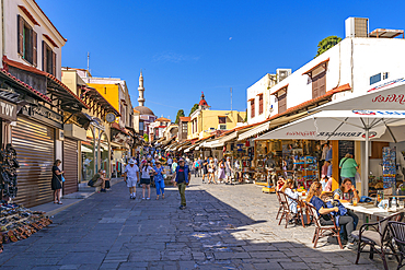 View of Mosque of Suleiman and shops on Soktratous, Old Rhodes Town, UNESCO World Heritage Site, Rhodes, Dodecanese, Greek Islands, Greece, Europe