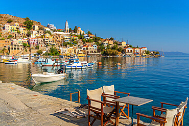 View of The Annunciation Church overlooking Symi Town, Symi Island, Dodecanese, Greek Islands, Greece, Europe