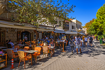 View of bars and restaurants, Rhodes Old Town, Rhodes, Dodecanese Island Group, Greek Islands, Greece, Europe