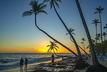 View of sea, beach and palm trees at sunrise, Bavaro Beach, Punta Cana, Dominican Republic, West Indies, Caribbean, Central America