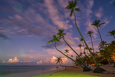 View of palm trees and sea at Bavaro Beach at sunset, Punta Cana, Dominican Republic, West Indies, Caribbean, Central America