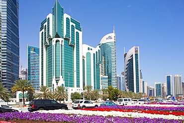 City Centre buildings and Corniche traffic, Doha, Qatar, Middle East 