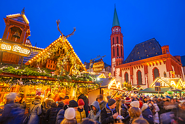 View of Christmas Market on Roemerberg Square at dusk, Frankfurt am Main, Hesse, Germany, Europe