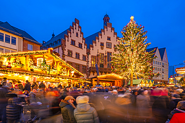 View of Christmas Market on Roemerberg Square at dusk, Frankfurt am Main, Hesse, Germany, Europe