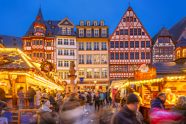 View of Christmas Market on Roemerberg Square at dusk, Frankfurt am Main, Hesse, Germany, Europe