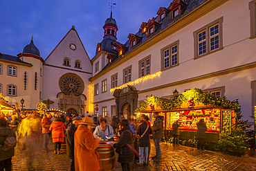 View of Christmas Market in Jesuitenplatz in historic town centre at Christmas, Koblenz, Rhineland-Palatinate, Germany, Europe