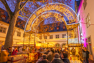 View of Christmas Market in Willi-Horter-Platz in historic town centre at Christmas, Koblenz, Rhineland-Palatinate, Germany, Europe