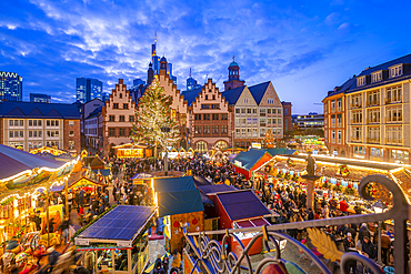 View of Christmas Market on Roemerberg Square from elevated position at dusk, Frankfurt am Main, Hesse, Germany, Europe