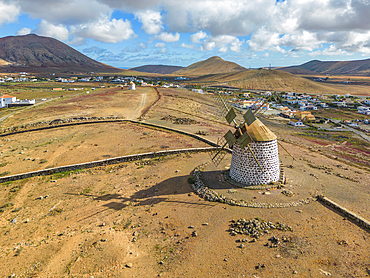 Aerial view of windmill and surrounding landscape, Fuerteventura, Canary Islands, Spain, Atlantic, Europe