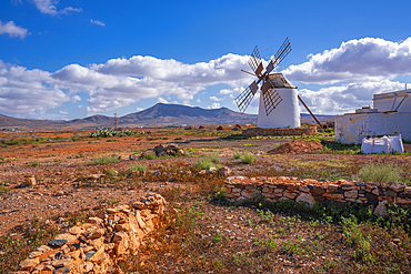 View of windmill in dramatic landscape near La Matilla, Fuerteventura, Canary Islands, Spain, Atlantic, Europe