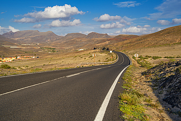 View of road, landscape and mountains near La Pared, La Pared, Fuerteventura, Canary Islands, Spain, Atlantic, Europe