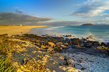 View of beach and the Atlantic Ocean at sunrise, Corralejo Natural Park, Fuerteventura, Canary Islands, Spain, Atlantic, Europe