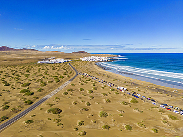 Aerial view of beach of Playa Famara, Caleta de Famara, Lanzarote, Las Palmas, Canary Islands, Spain, Atlantic, Europe