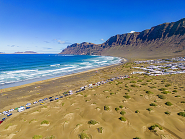 Aerial view of beach of Playa Famara, Caleta de Famara, Lanzarote, Las Palmas, Canary Islands, Spain, Atlantic, Europe