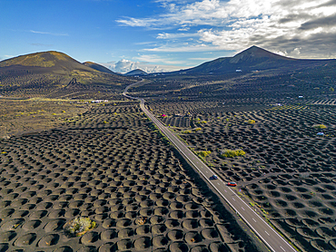 Aerial view of wine growing district of La Geria, Timanfaya National Park, Lanzarote, Las Palmas, Canary Islands, Spain, Atlantic, Europe