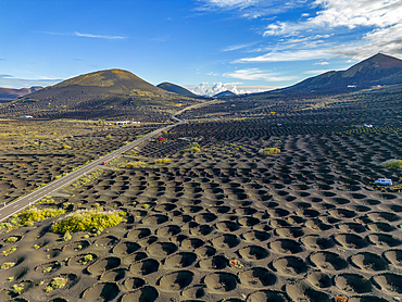 Aerial view of wine growing district of La Geria, Timanfaya National Park, Lanzarote, Canary Islands, Spain, Atlantic, Europe