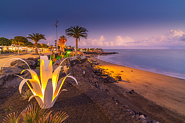 View of Playa Grande at dusk, Puerto Carmen, Lanzarote, Las Palmas, Canary Islands, Spain, Atlantic, Europe