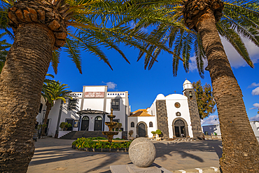 View of theatre and Iglesia de San Bartolome in San Bartolome, Lanzarote, Las Palmas, Canary Islands, Spain, Atlantic, Europe